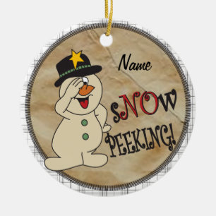 Snow Peeking Snowman Ceramic Ornament