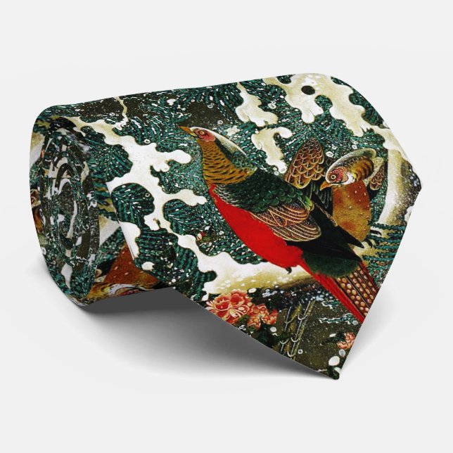 Snow Pheasants ,Pine Tree,Roses,Japanese Floral  Tie (Rolled)