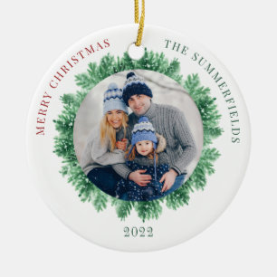 Snow Pine and Family Photo Christmas Holiday Ceramic Ornament