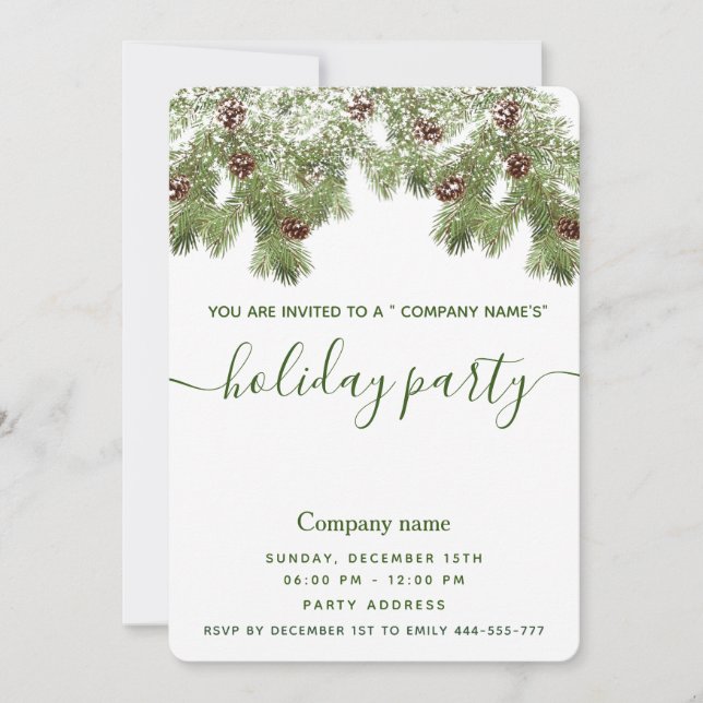 Snow pine branch holiday party corporate invitation (Front)
