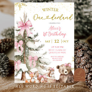 Snow Pink Winter Onederland First Birthday  Invitation