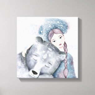 Snow Queen and Polar Bear in Soft Watercolor Butto Canvas Print