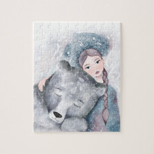 Snow Queen and Polar Bear in Soft Watercolor Butto Jigsaw Puzzle