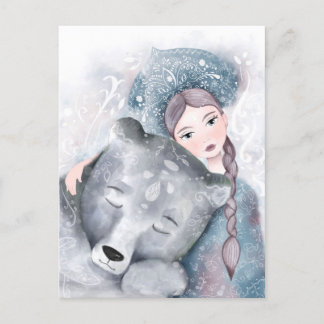 Snow Queen and Polar Bear in Soft Watercolor Postcard