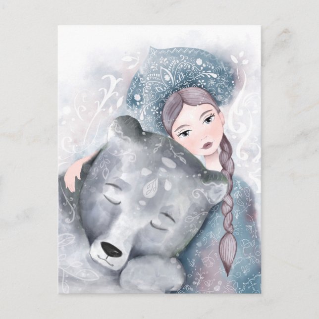 Snow Queen and Polar Bear in Soft Watercolor Postcard (Front)