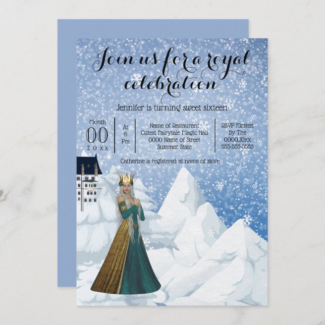 Snow queen castle princess theme party blue invitation (Front/Back)
