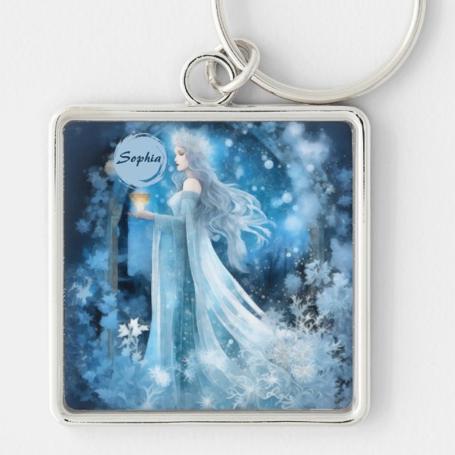 Snow Queen Fantasy Art – Mystical Winter Goddess Keychain (Front)