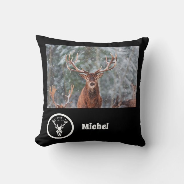 Snow Reindeer Monogram Photo Name Throw Pillow (Front)