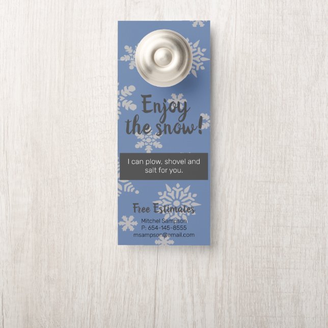 Snow Removal Shoveling Plowing Door Hanger Sign (On Knob)