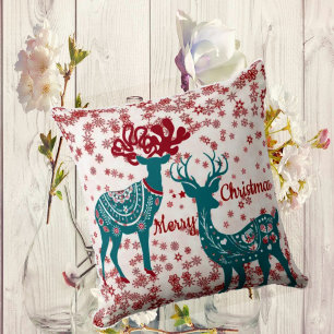 Snow Scandinavian Nordic Christmas Reindeer Couple Throw Pillow