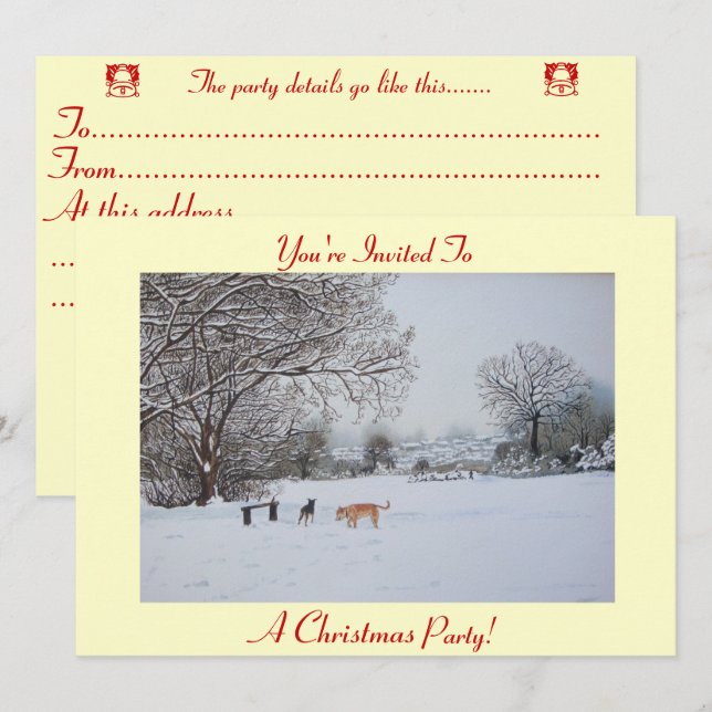 snow scene of dogs in snow landscape at christmas invitation (Front/Back)