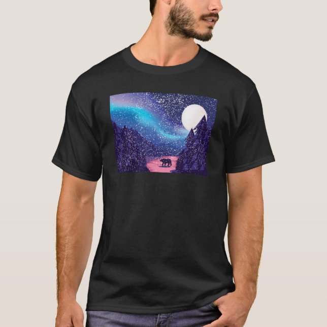 Snow Scene Polar Bear Silhouette w Moon and Northe T-Shirt (Front)