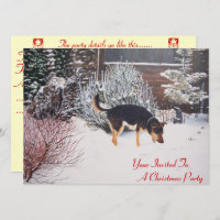 snow scene with cute black and tan dog christmas