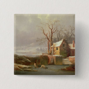 Snow Scene with Mill and Cottages 2 Inch Square Button