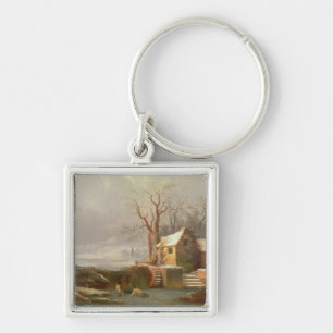 Snow Scene with Mill and Cottages Keychain