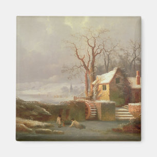 Snow Scene with Mill and Cottages Magnet