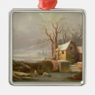 Snow Scene with Mill and Cottages Metal Ornament