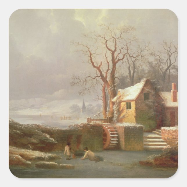 Snow Scene with Mill and Cottages Square Sticker (Front)