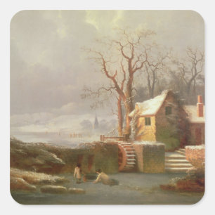 Snow Scene with Mill and Cottages Square Sticker