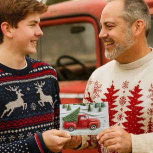 Snow Scene with Red Truck Christmas Holiday Card