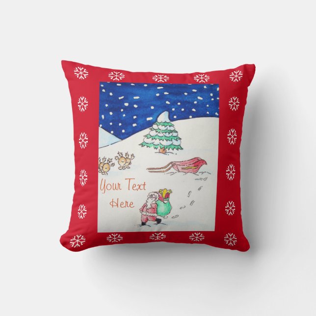 snow scene with santa and sleigh for christmas throw pillow (Front)