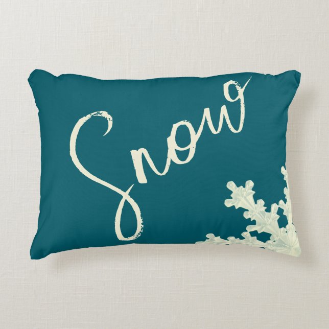Snow script blue slate and butter elegant winter accent pillow (Front)