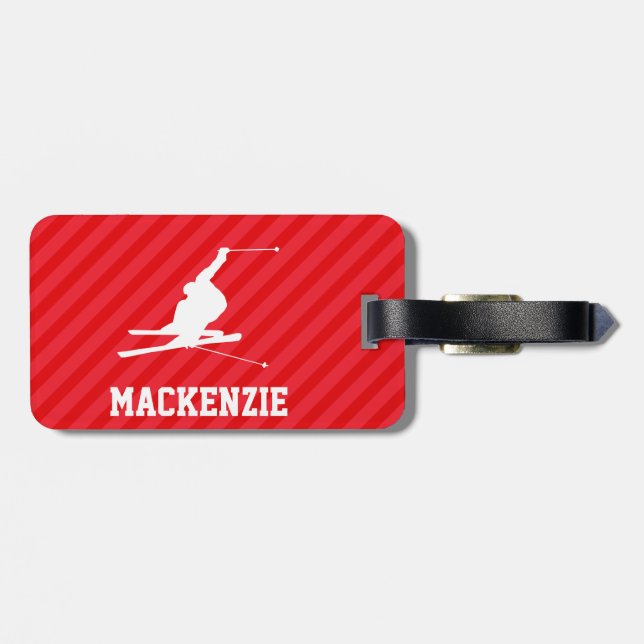 Snow Ski; Scarlet Red Stripes Luggage Tag (Back Horizontal)
