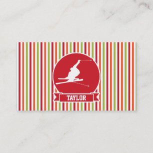 Snow Ski, Skiing, Red, Orange, Green Stripes Business Card