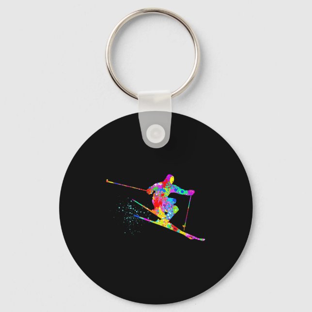 Snow skier cool rainbow art splatter winter skiing keychain (Front)