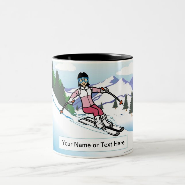 Snow Skier - Female Cartoon by PrintedPerfection Two-Tone Coffee Mug (Center)