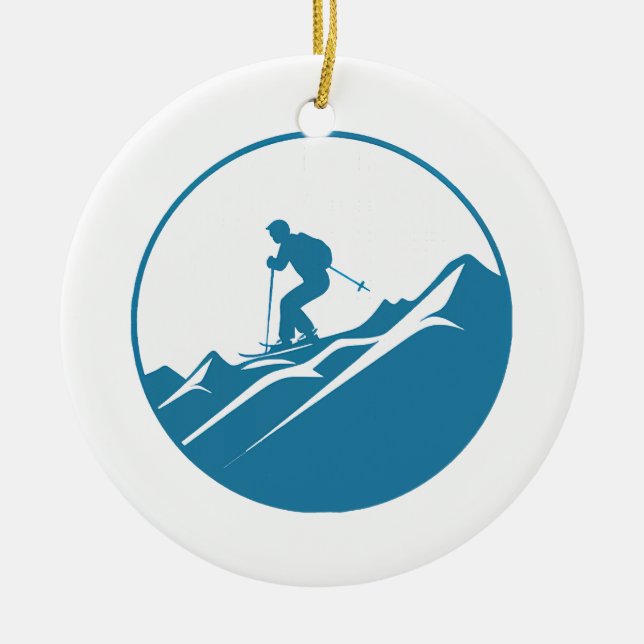 Snow Skier Skiing Down Rocky Mountains Blue and Wh Ceramic Ornament (Front)