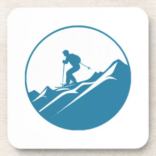 Snow Skier Skiing Down Rocky Mountains Blue and Wh Coaster