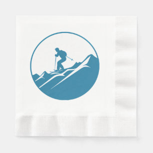 Snow Skier Skiing Down Rocky Mountains Blue and Wh Napkin