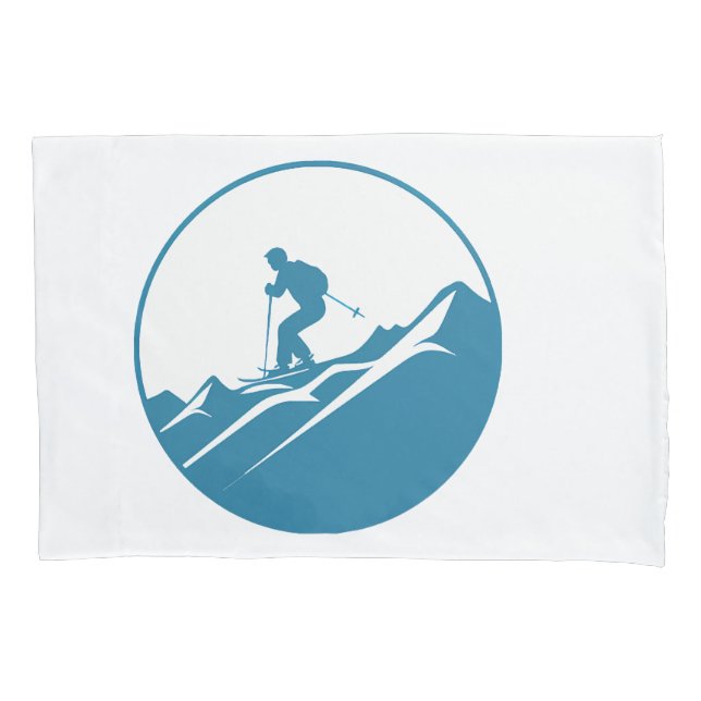 Snow Skier Skiing Down Rocky Mountains Blue and Wh Pillowcase (Front)