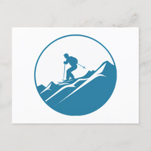 Snow Skier Skiing Down Rocky Mountains Blue and Wh Postcard