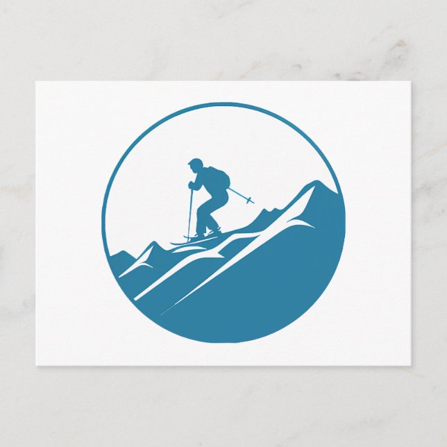 Snow Skier Skiing Down Rocky Mountains Blue and Wh Postcard (Front)
