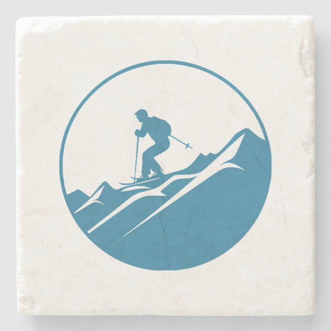 Snow Skier Skiing Down Rocky Mountains Blue and Wh Stone Coaster (Front)