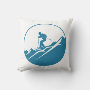 Snow Skier Skiing Down Rocky Mountains Blue and Wh Throw Pillow