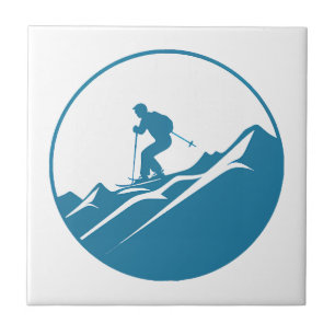 Snow Skier Skiing Down Rocky Mountains Blue and Wh Tile