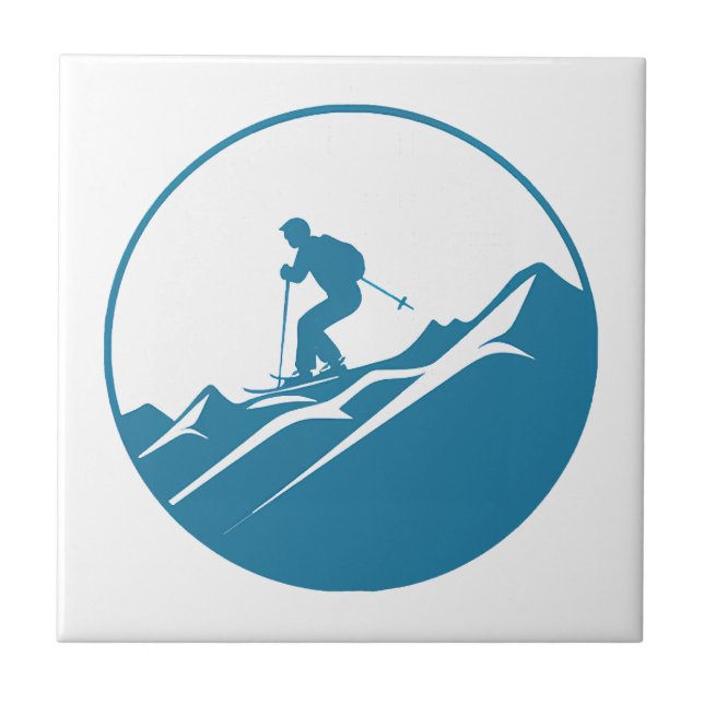 Snow Skier Skiing Down Rocky Mountains Blue and Wh Tile (Front)