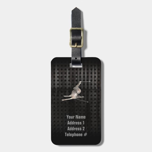Snow Skiing; Cool Black Luggage Tag (Front Vertical)