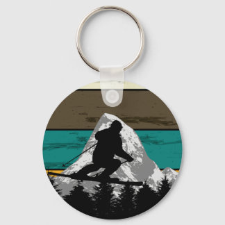 Snow Skiing Mountain Slopes Retro Silhouette Man Keychain