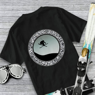 Snow Skiing Pebble Black White Round Design T-Shirt