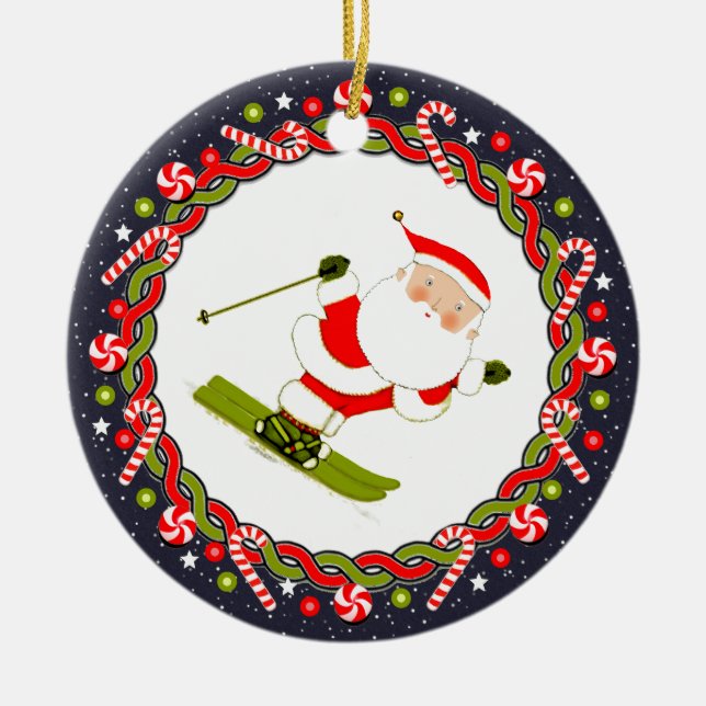 Snow Skiing Santa Ceramic Ornament (Front)
