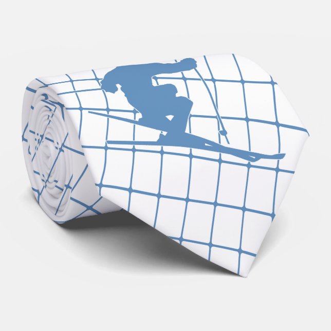 Snow Skiing Skier on Blue Check Necktie (Rolled)