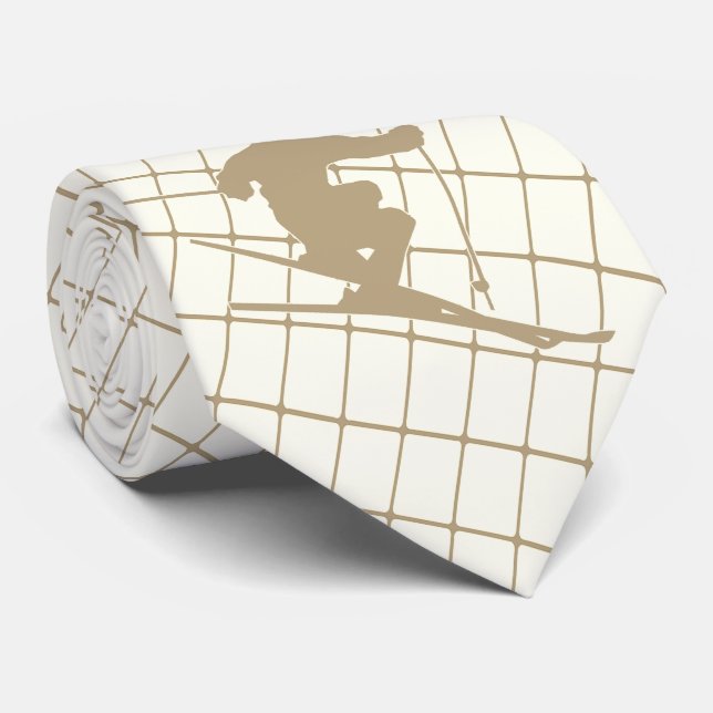 Snow Skiing Skier on Tan Check Necktie (Rolled)