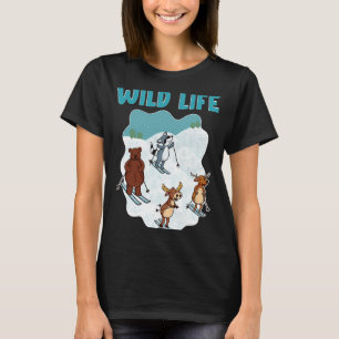 Snow Skiing With Deer Raccoon Moose Bear Skier T-Shirt