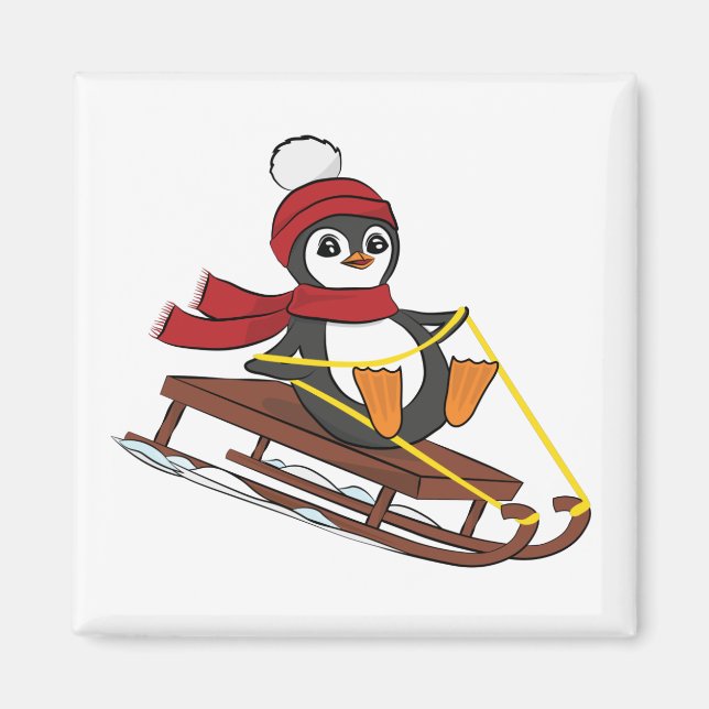 Snow Sledding Penguin Cute Animals Winter Magnet (Front)