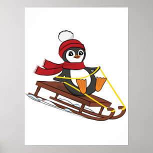 Snow Sledding Penguin Cute Animals Winter Poster