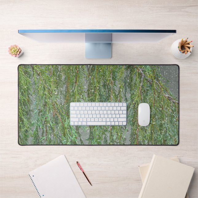 Snow Snowing Green Christmas Tree Desk Mat Pad (Office 1)